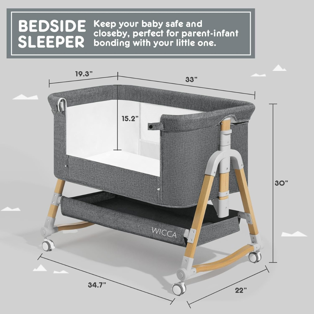 WICCA 3-in-1 Baby Bassinet | Bedside Sleeper & Rocking Crib